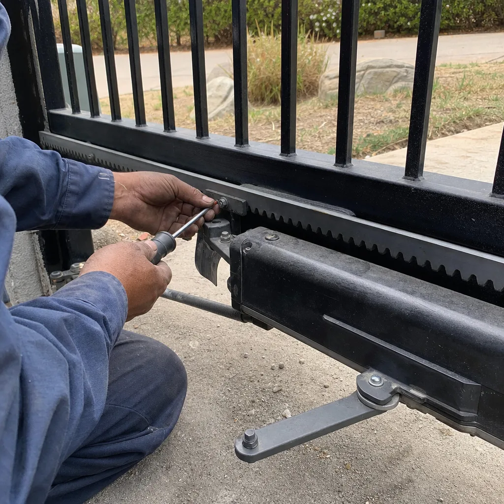 Technician performing professional electric sliding gate repair and maintenance