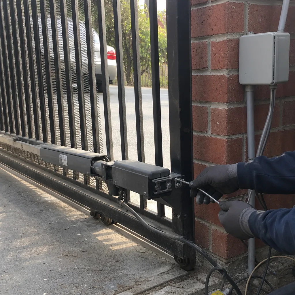 Technician performing electric gate motor repair and maintenance on sliding gate