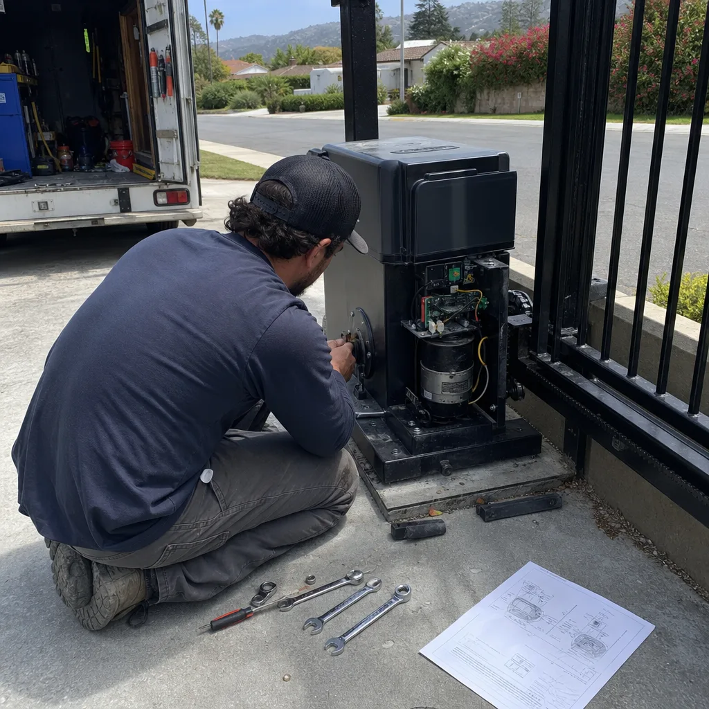 Technician performing electric gate motor repair and maintenance