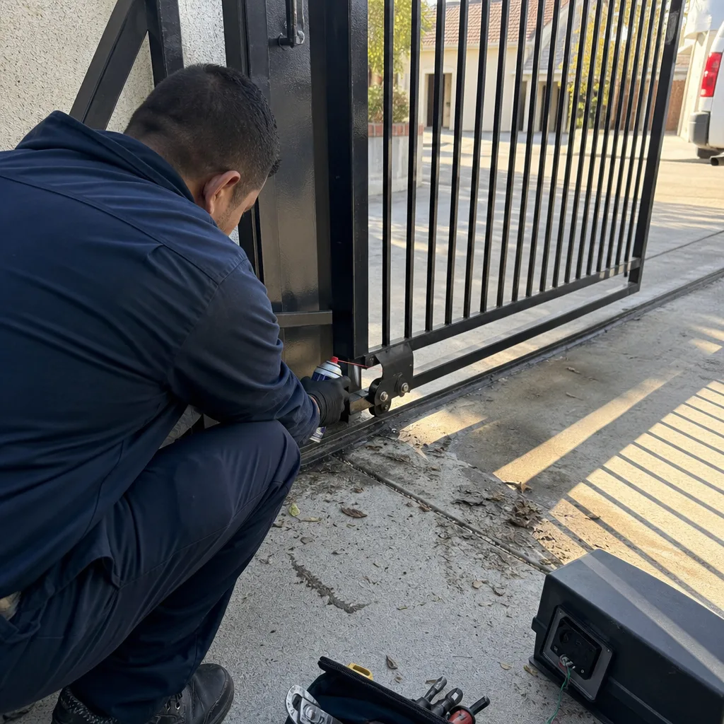 Technician performing professional sliding gate opener repair and maintenance
