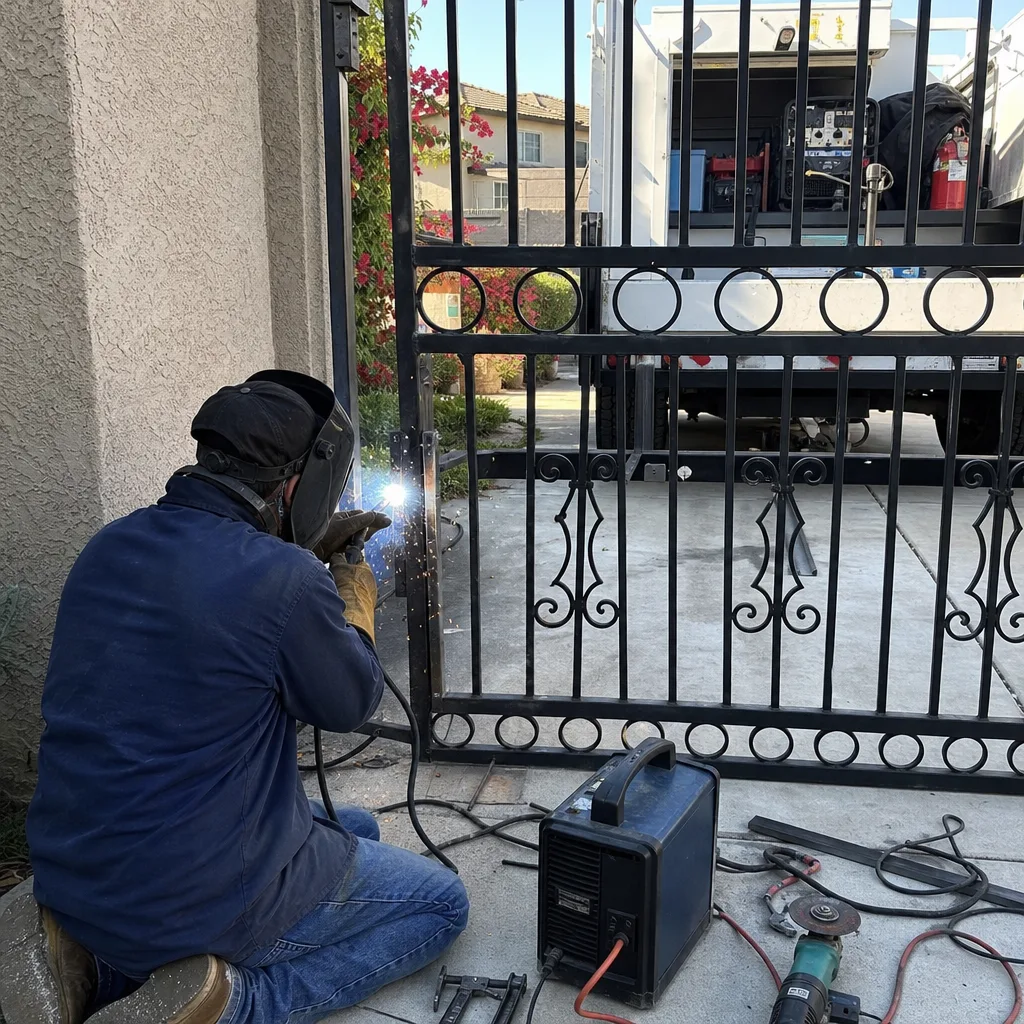 A professional welder performing residential gate repair and maintenance.